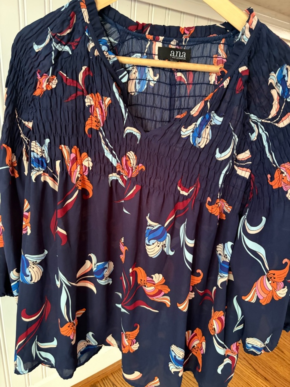 a.n.a Navy Floral Smocked Peasant Blouse with Orange & Blue Accents